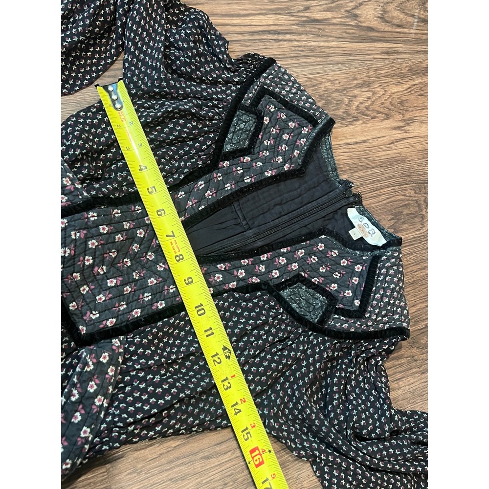 Sea New York Quilted Bib Floral Midi Dress Black Velvet Trim Long Sleeve Small - Picture 4 of 8